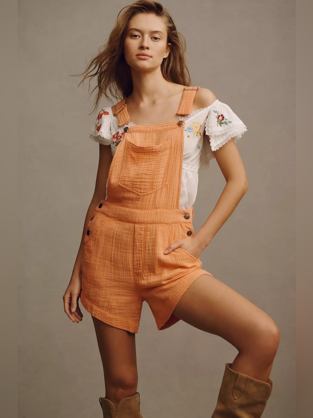 NEW Anthropologie Pilcro Gauze Micro Shortalls Peach Relaxed Cotton Overalls 8